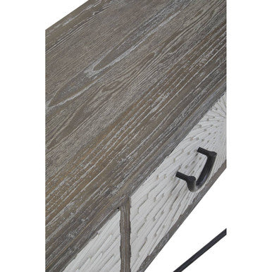 Dark Mud Grey Elm Wood 4-Drawer Console Table Textured Drawer Fronts and Antique Metal Legs | Milan