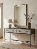 Dark Mud Grey Elm Wood 4-Drawer Console Table Textured Drawer Fronts and Antique Metal Legs | Milan