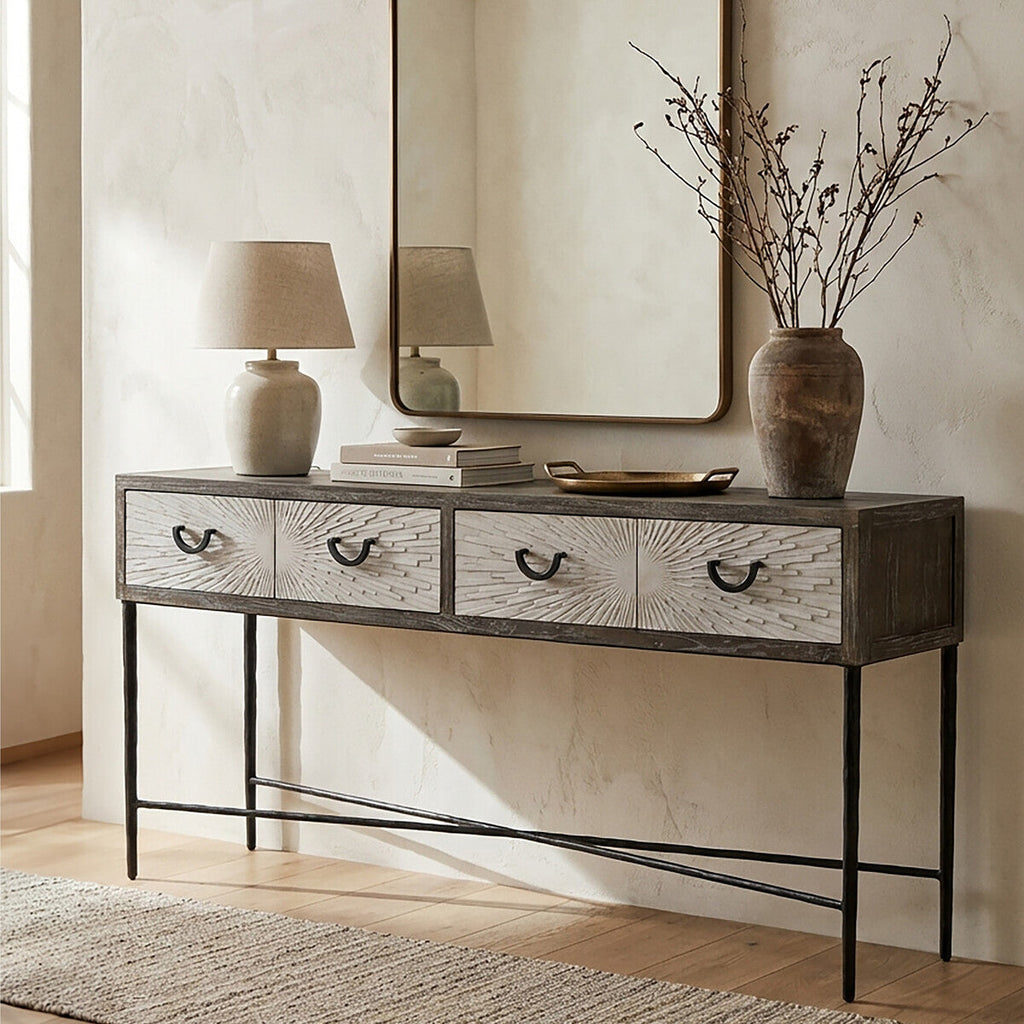 Dark Mud Grey Elm Wood 4-Drawer Console Table Textured Drawer Fronts and Antique Metal Legs | Milan