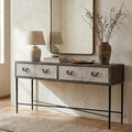 Dark Mud Grey Elm Wood 4-Drawer Console Table Textured Drawer Fronts and Antique Metal Legs | Milan