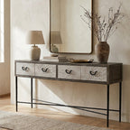 Dark Mud Grey Elm Wood 4-Drawer Console Table Textured Drawer Fronts and Antique Metal Legs | Milan