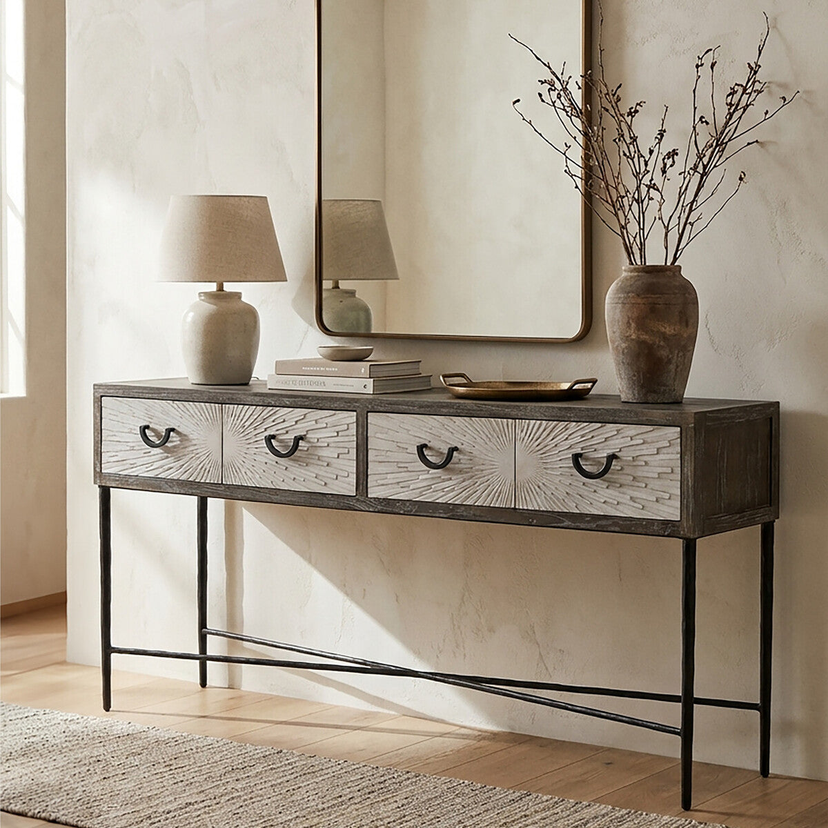 Dark Mud Grey Elm Wood 4-Drawer Console Table Textured Drawer Fronts and Antique Metal Legs | Milan