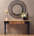 Natural Oak Veneer Top 2-Drawer Console Table with Black Knopped Birchwood Legs and Silver Cupped Handles | Kensington Townhouse