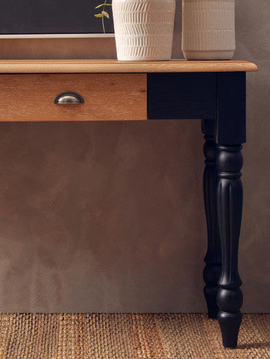 Natural Oak Veneer Top 2-Drawer Console Table with Black Knopped Birchwood Legs and Silver Cupped Handles | Kensington Townhouse