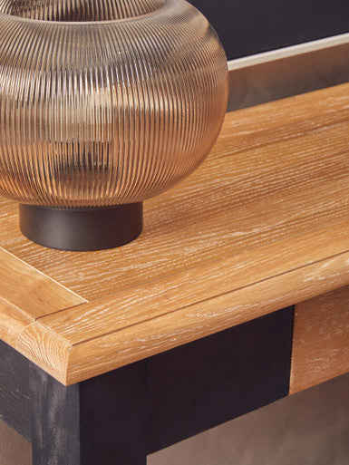 Natural Oak Veneer Top 2-Drawer Console Table with Black Knopped Birchwood Legs and Silver Cupped Handles | Kensington Townhouse