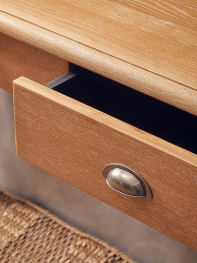 Natural Oak Veneer Top 2-Drawer Console Table with Black Knopped Birchwood Legs and Silver Cupped Handles | Kensington Townhouse