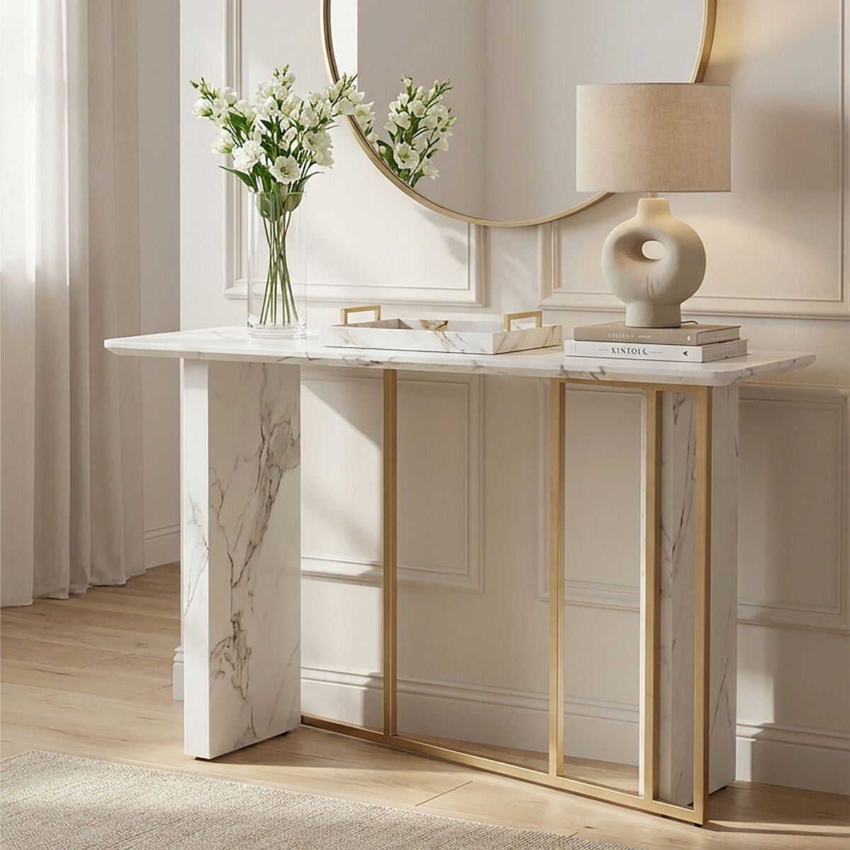 White Marble Effect Top Console Table with Gold Powder Coated Metal Base | Vieste