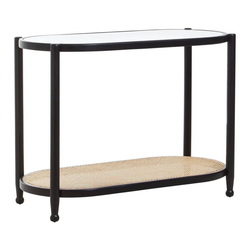 Black Elm Wooden Frame and Clear Glass Top 2-Tier Console Table with Natural Rattan Shelf | Cebu