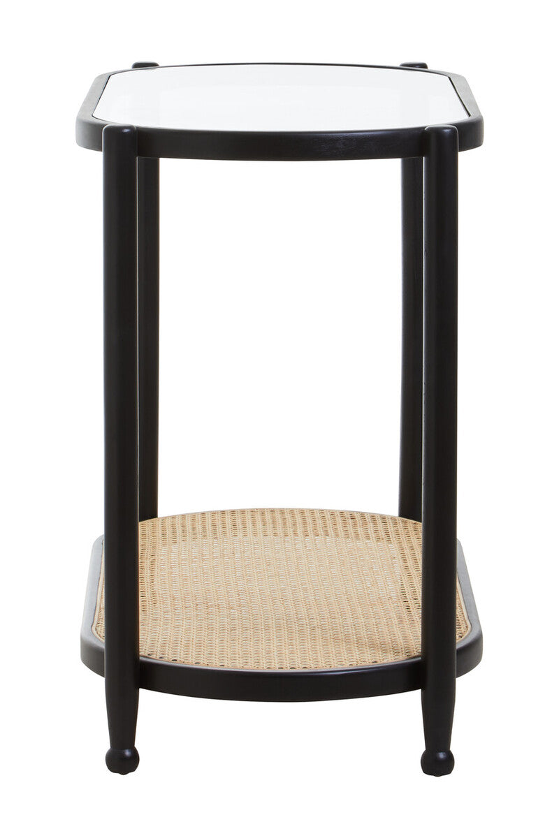 Black Elm Wooden Frame and Clear Glass Top 2-Tier Console Table with Natural Rattan Shelf | Cebu