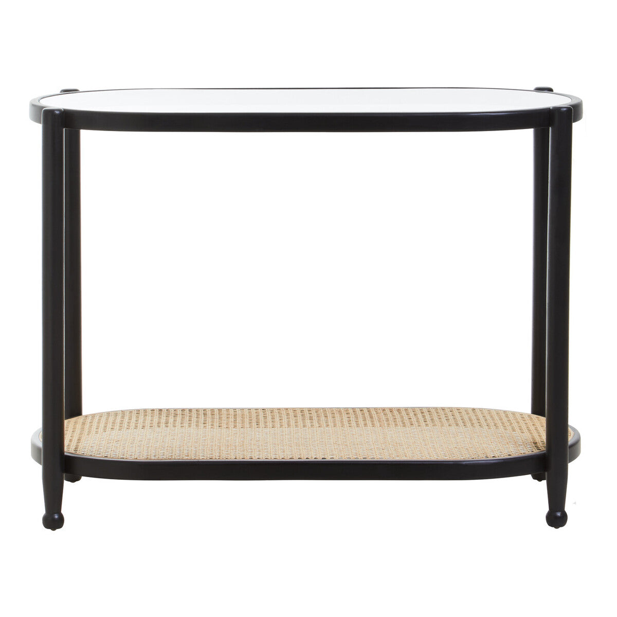 Black Elm Wooden Frame and Clear Glass Top 2-Tier Console Table with Natural Rattan Shelf | Cebu