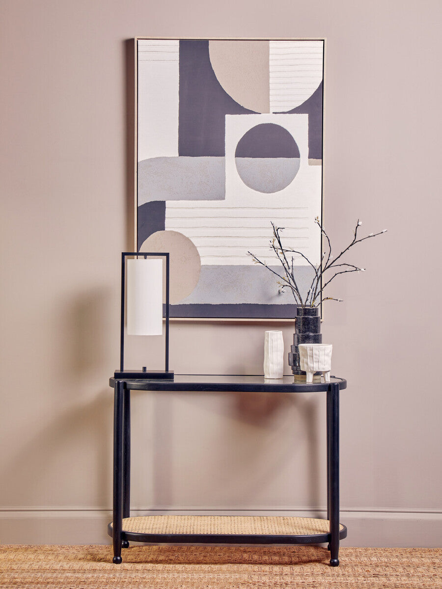 Black Elm Wooden Frame and Clear Glass Top 2-Tier Console Table with Natural Rattan Shelf | Cebu
