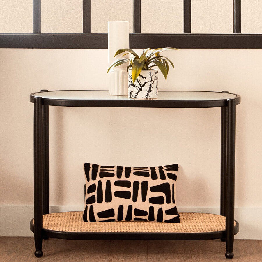 Black Elm Wooden Frame and Clear Glass Top 2-Tier Console Table with Natural Rattan Shelf | Cebu