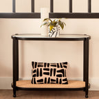 Black Elm Wooden Frame and Clear Glass Top 2-Tier Console Table with Natural Rattan Shelf | Cebu