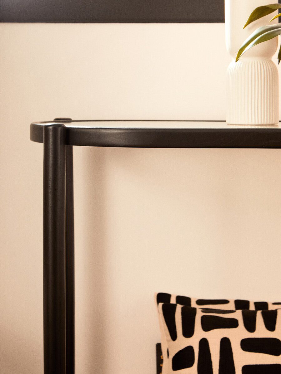 Black Elm Wooden Frame and Clear Glass Top 2-Tier Console Table with Natural Rattan Shelf | Cebu