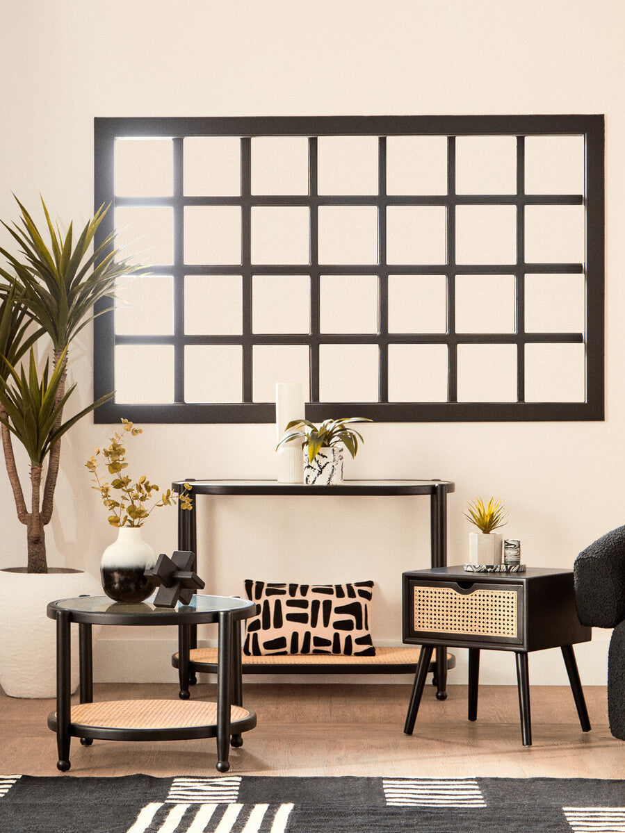 Black Elm Wooden Frame and Clear Glass Top 2-Tier Console Table with Natural Rattan Shelf | Cebu