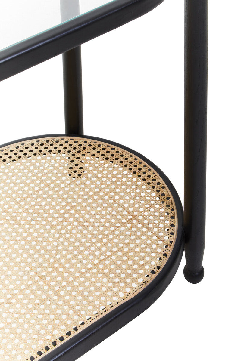 Black Elm Wooden Frame and Clear Glass Top 2-Tier Console Table with Natural Rattan Shelf | Cebu