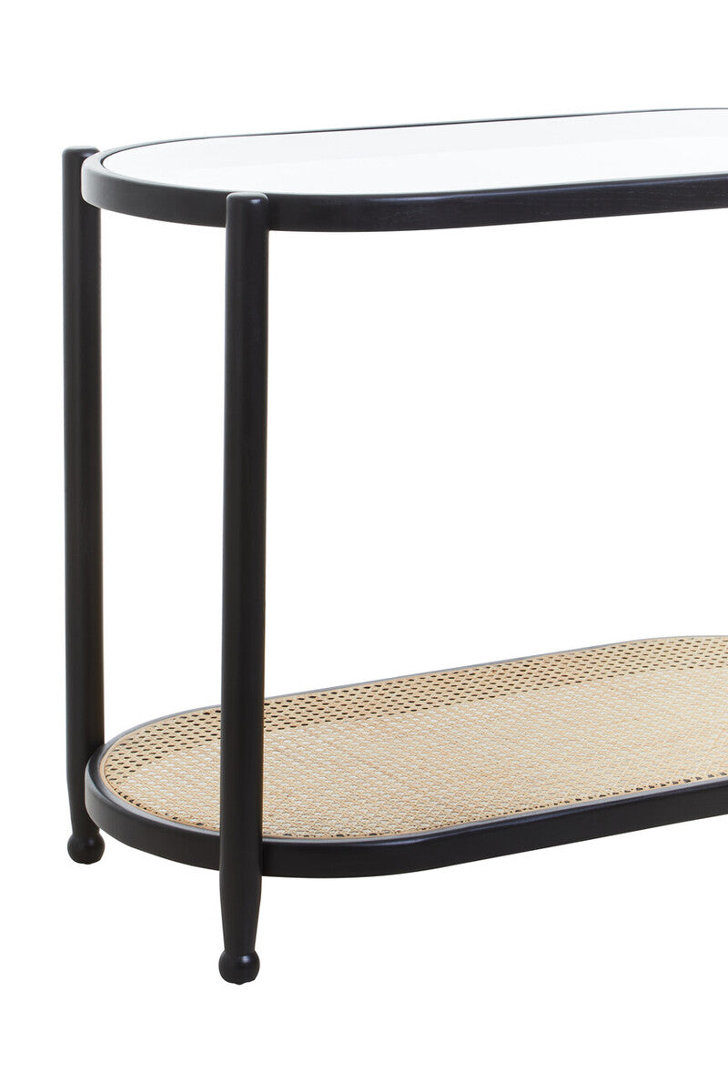 Black Elm Wooden Frame and Clear Glass Top 2-Tier Console Table with Natural Rattan Shelf | Cebu