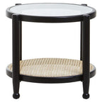 Black Elm Wood Side Table with Glass Top and Cane Open Weave Lower Shelf | Cebu