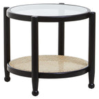 Black Elm Wood Side Table with Glass Top and Cane Open Weave Lower Shelf | Cebu