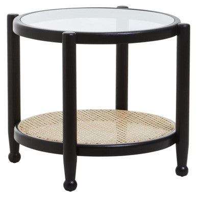 Black Elm Wood Side Table with Glass Top and Cane Open Weave Lower Shelf | Cebu