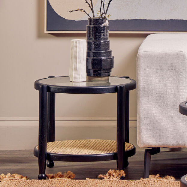 Black Elm Wood Side Table with Glass Top and Cane Open Weave Lower Shelf | Cebu