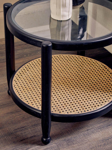 Black Elm Wood Side Table with Glass Top and Cane Open Weave Lower Shelf | Cebu