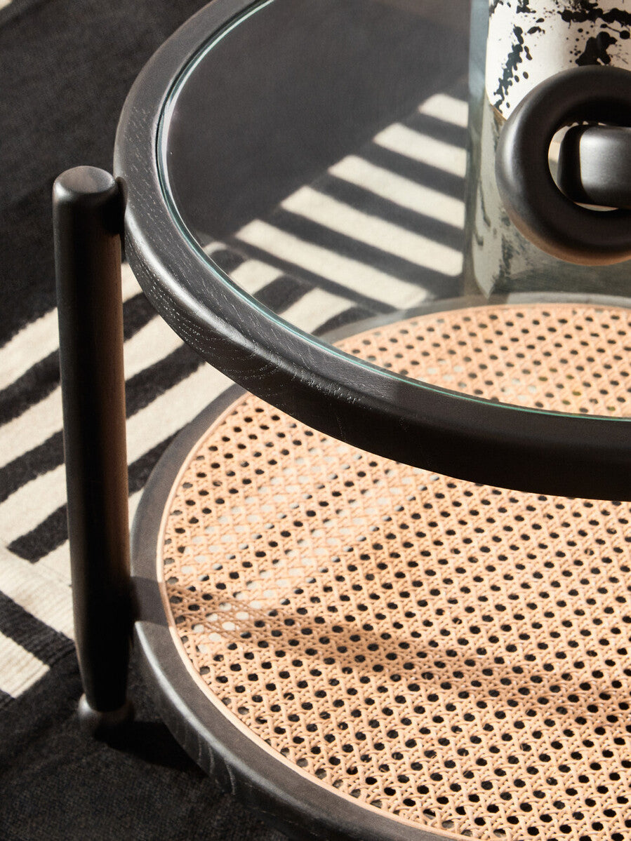 Black Wood and Rattan Frame Coffee Table with Glass Top | Cebu