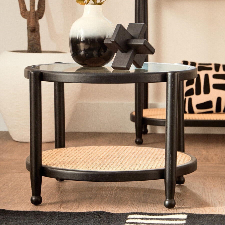 Black Wood and Rattan Frame Coffee Table with Glass Top | Cebu