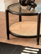 Black Wood and Rattan Frame Coffee Table with Glass Top | Cebu