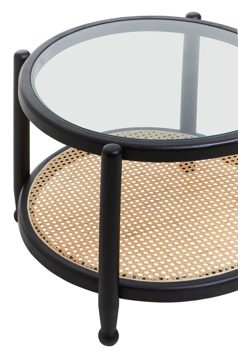 Black Wood and Rattan Frame Coffee Table with Glass Top | Cebu