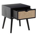 Black Elm Wood Side Table with Natural Cane Weave 1 Drawer and Angular Legs, Cebu
