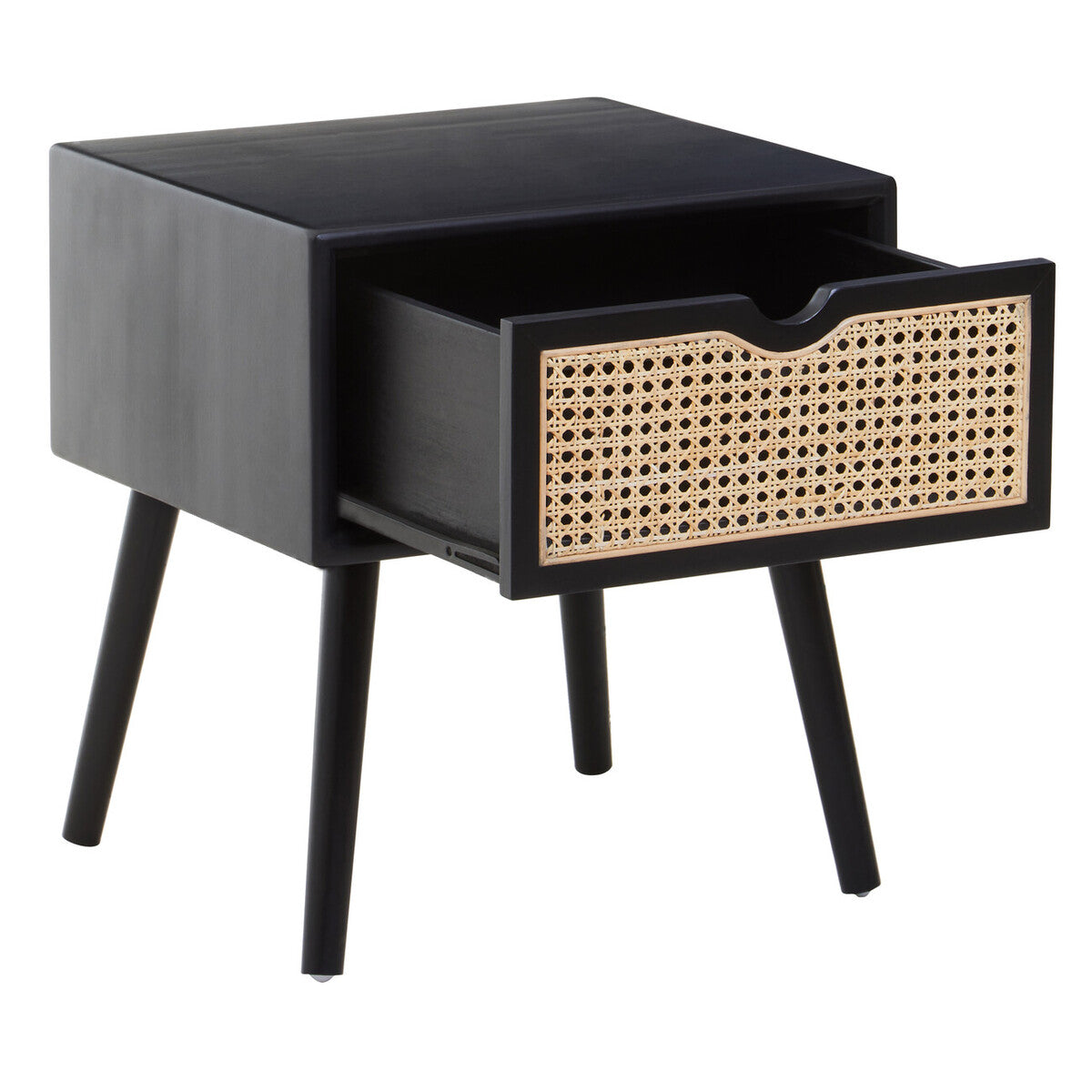 Black Elm Wood Side Table with Natural Cane Weave 1 Drawer and Angular Legs, Cebu