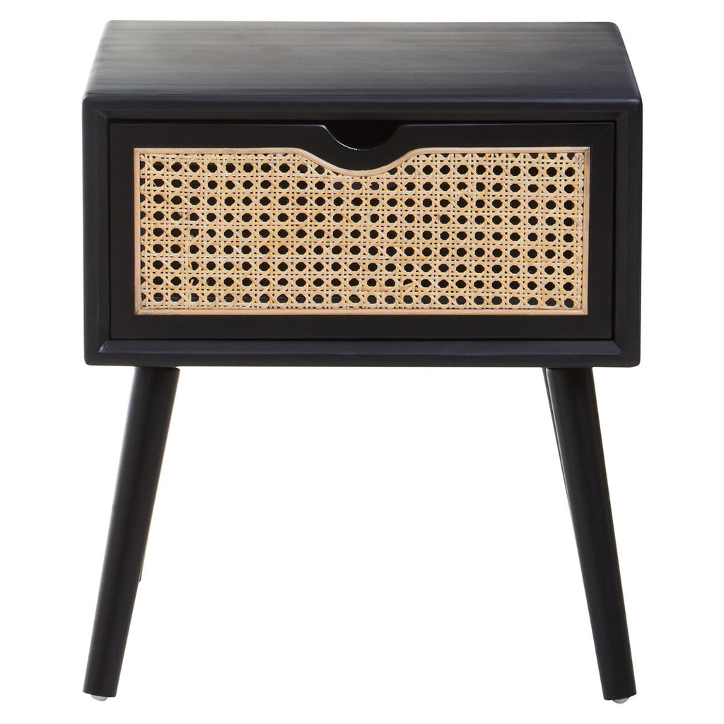 Black Elm Wood Side Table with Natural Cane Weave 1 Drawer and Angular Legs, Cebu