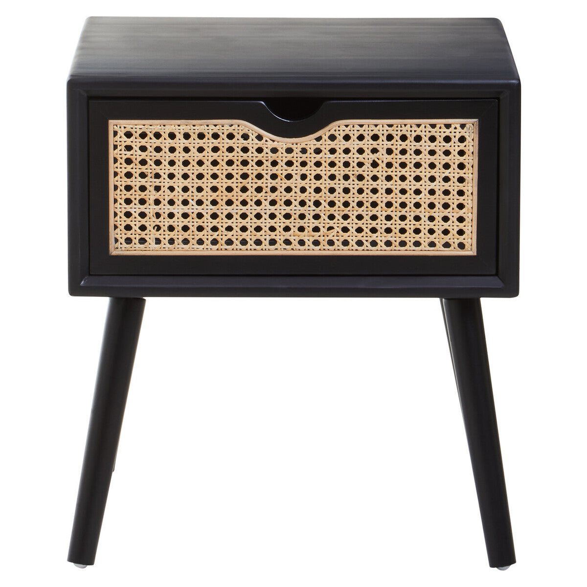 Black Elm Wood Side Table with Natural Cane Weave 1 Drawer and Angular Legs, Cebu
