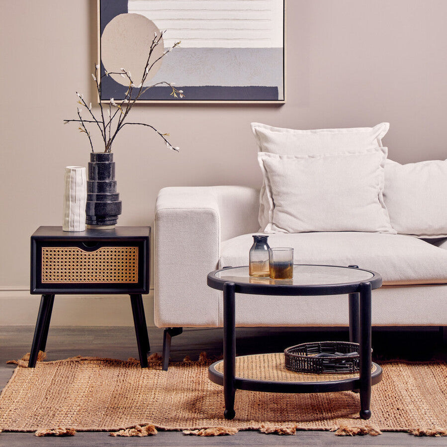 Black Elm Wood Side Table with Natural Cane Weave 1 Drawer and Angular Legs, Cebu