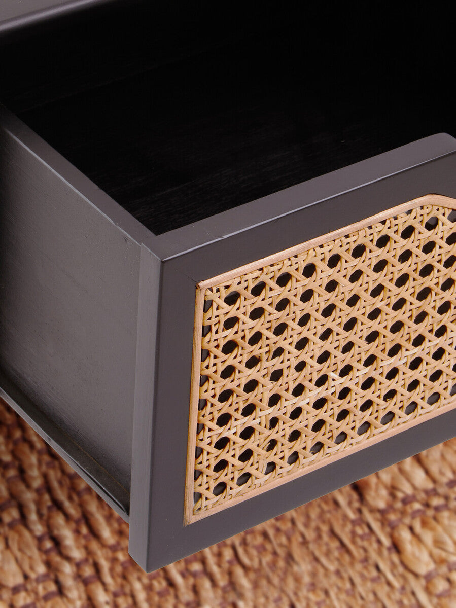 Black Elm Wood Side Table with Natural Cane Weave 1 Drawer and Angular Legs, Cebu