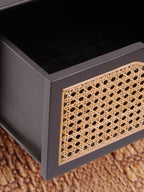Black Elm Wood Side Table with Natural Cane Weave 1 Drawer and Angular Legs, Cebu