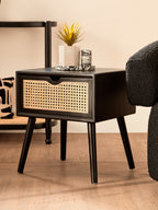 Black Elm Wood Side Table with Natural Cane Weave 1 Drawer and Angular Legs, Cebu