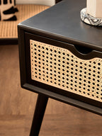 Black Elm Wood Side Table with Natural Cane Weave 1 Drawer and Angular Legs, Cebu