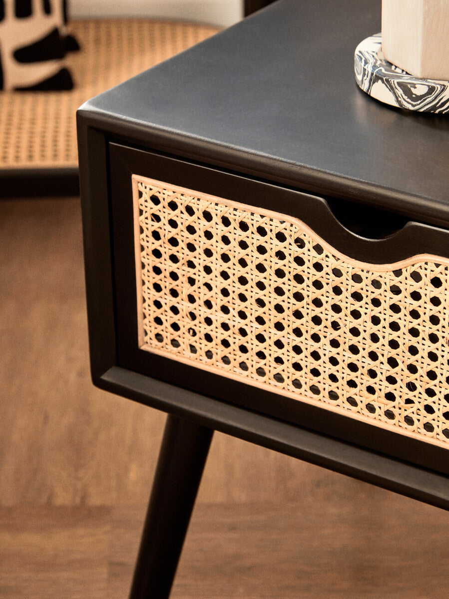 Black Elm Wood Side Table with Natural Cane Weave 1 Drawer and Angular Legs, Cebu