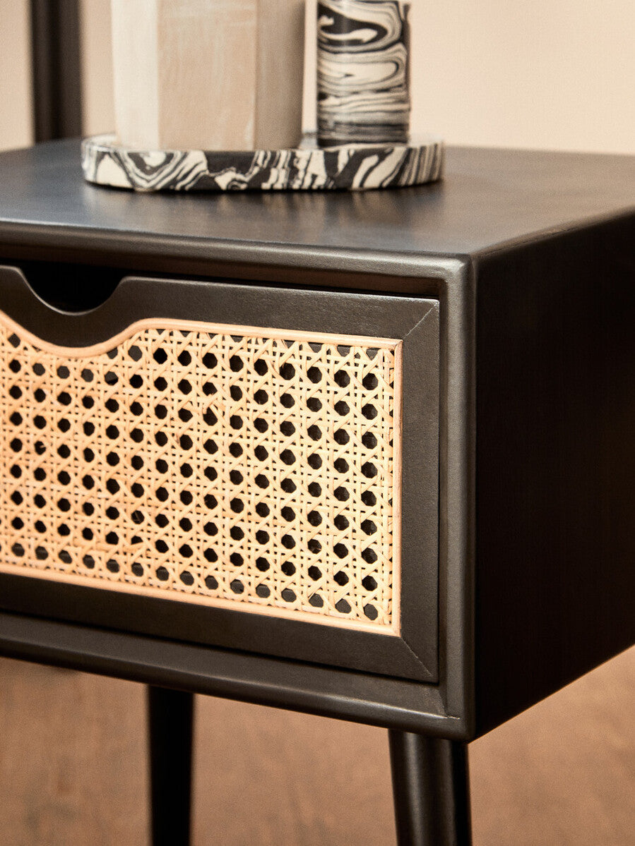 Black Elm Wood Side Table with Natural Cane Weave 1 Drawer and Angular Legs, Cebu