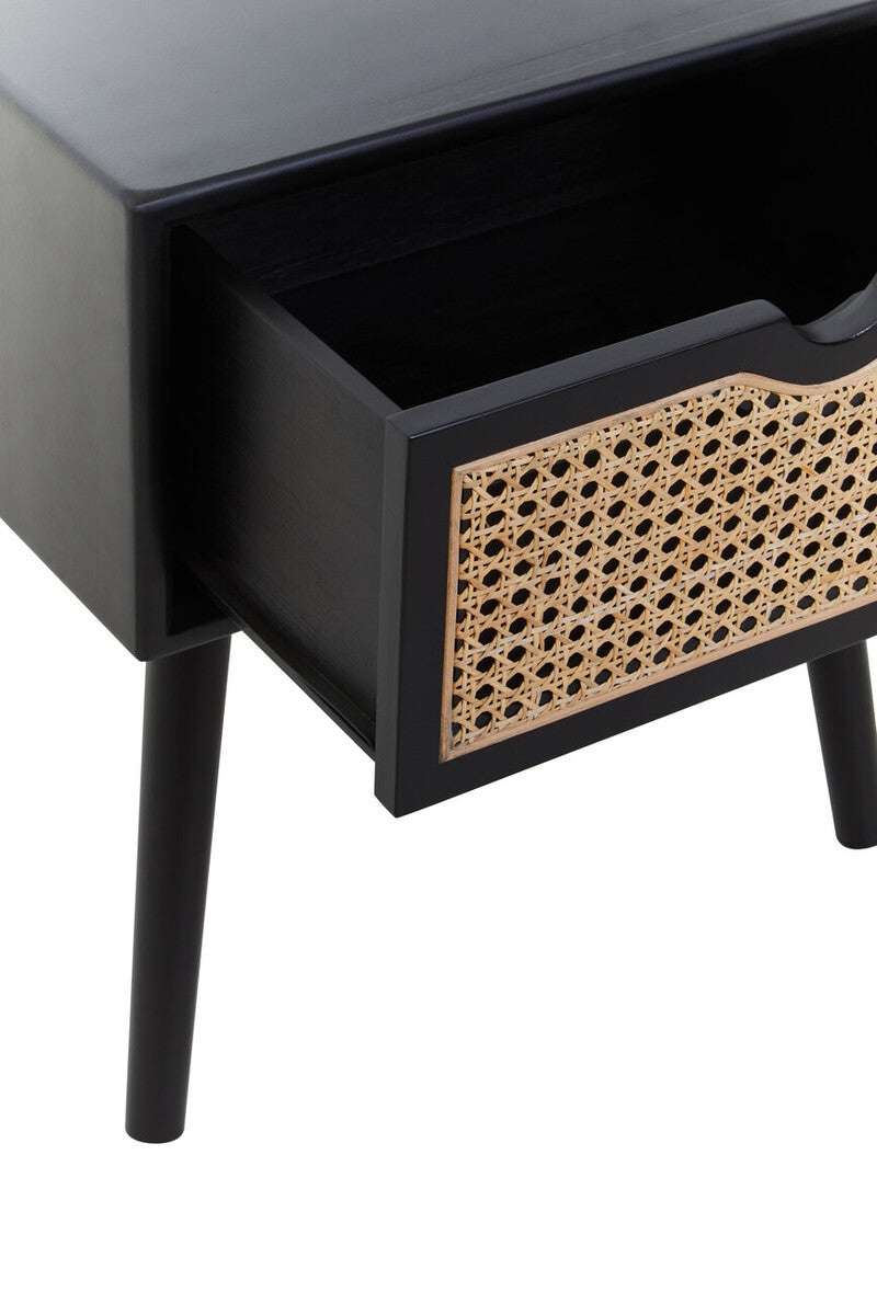Black Elm Wood Side Table with Natural Cane Weave 1 Drawer and Angular Legs, Cebu
