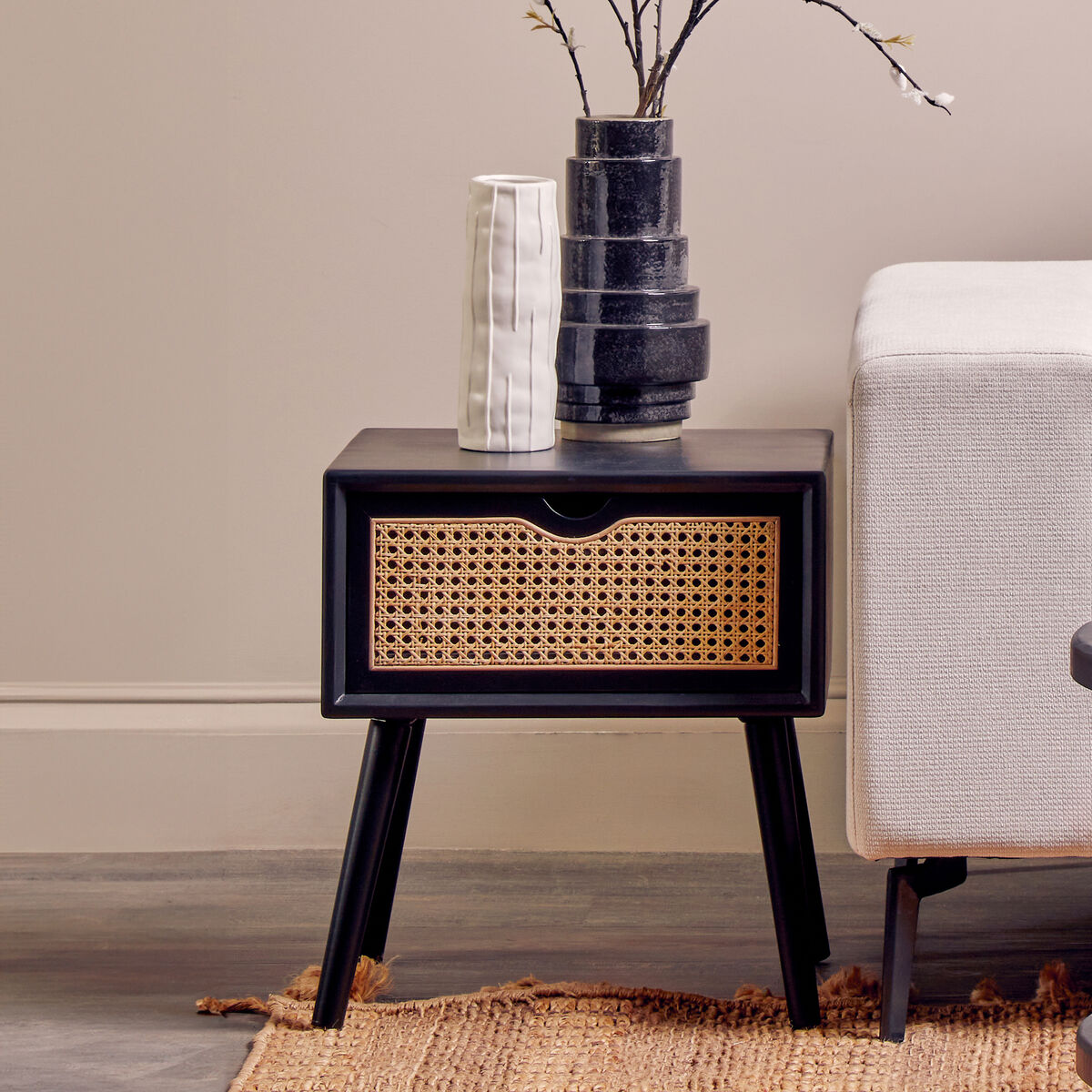 Black Elm Wood Side Table with Natural Cane Weave 1 Drawer and Angular Legs, Cebu