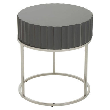 Grey Gloss Round Fluted Top Side Table with Silver Stainless Steel Frame | Genoa