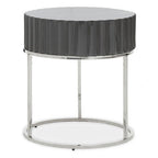 Grey Gloss Round Fluted Top Side Table with Silver Stainless Steel Frame | Genoa