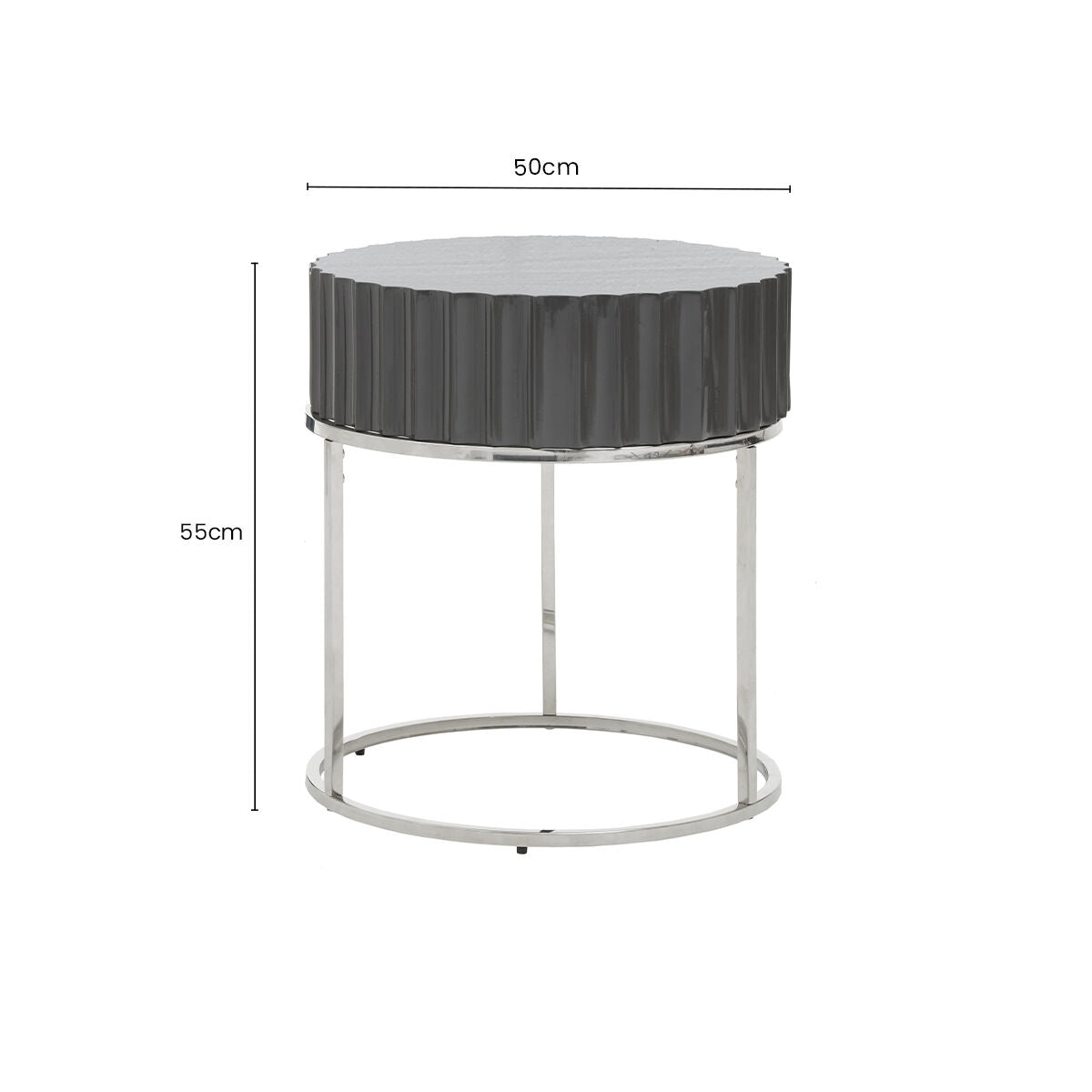 Grey Gloss Round Fluted Top Side Table with Silver Stainless Steel Frame | Genoa