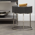Grey Gloss Round Fluted Top Side Table with Silver Stainless Steel Frame | Genoa