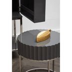 Grey Gloss Round Fluted Top Side Table with Silver Stainless Steel Frame | Genoa