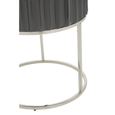 Grey Gloss Round Fluted Top Side Table with Silver Stainless Steel Frame | Genoa