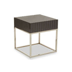 Grey Gloss Square Side Table with Fluted Carved Top and Silver Stainless Steel Frame | Genoa